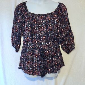 Mossimo Juniors XL Blue Floral Pattern Romper Pockets Drawstring Waist Festival